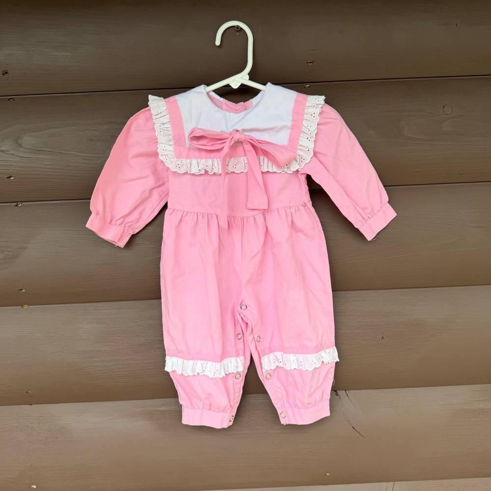 Vintage Fancy Pants Romper Kids 3/6M Pink Sailor Collar Eyelet Lace Bow